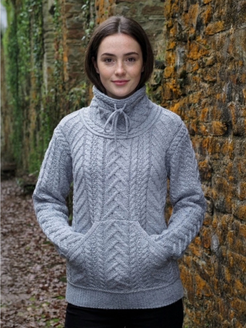 Aran Wool Drawstring Sweater with Kangaroo Pocket, Medium, Grey, NWOT, Irish